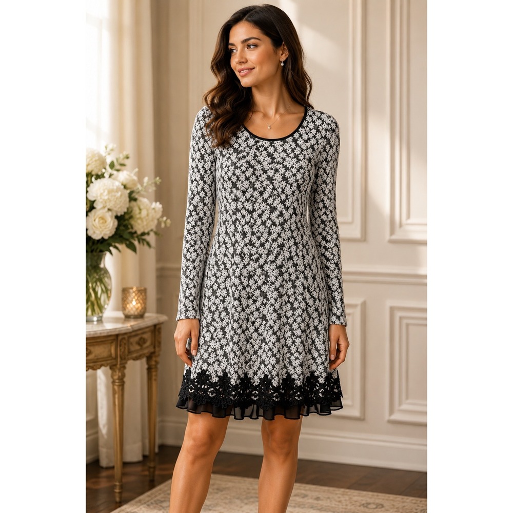 A'reve Dark Floral Knit Dress Lace Hem Coquette Romantic Whimsigoth Feminine S‎